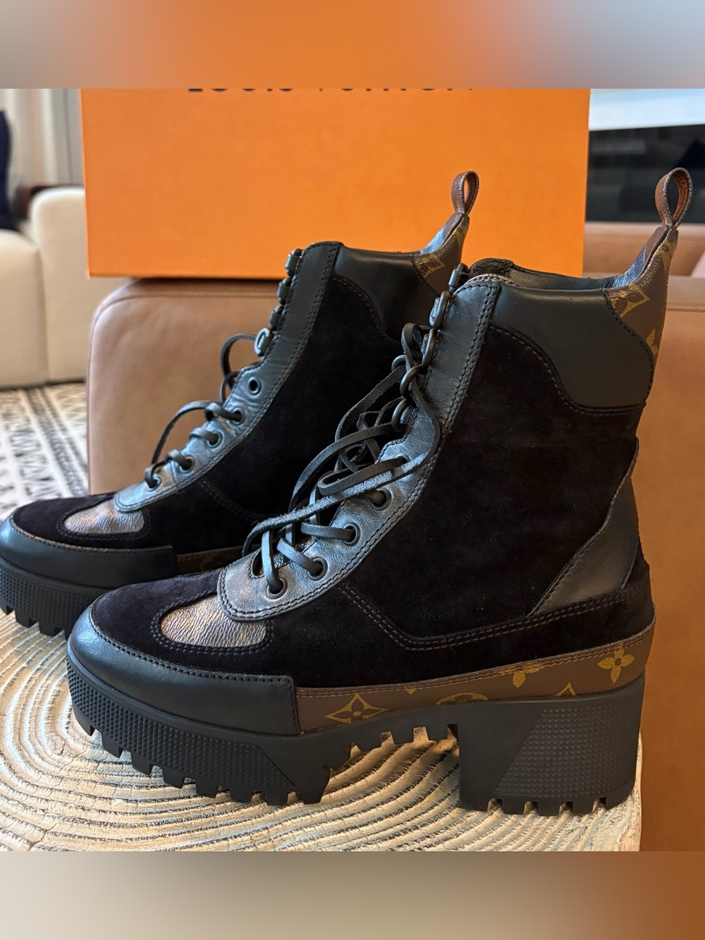 Louis Vuitton Laureate Monogram Platform Lace-Up Boots Size 37